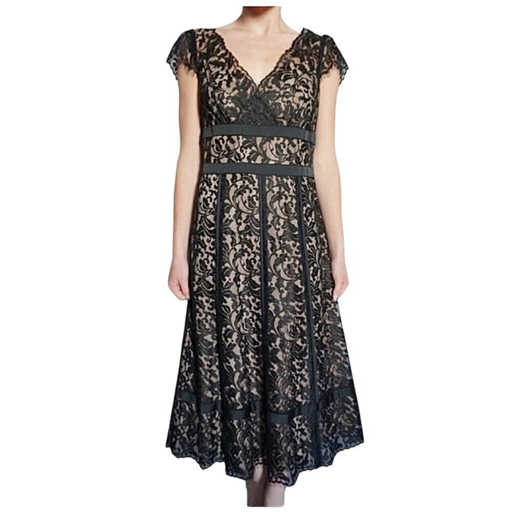Lace Overlay Black Midi Dress 0P Fit & Flare LBD Dark Romance Loft